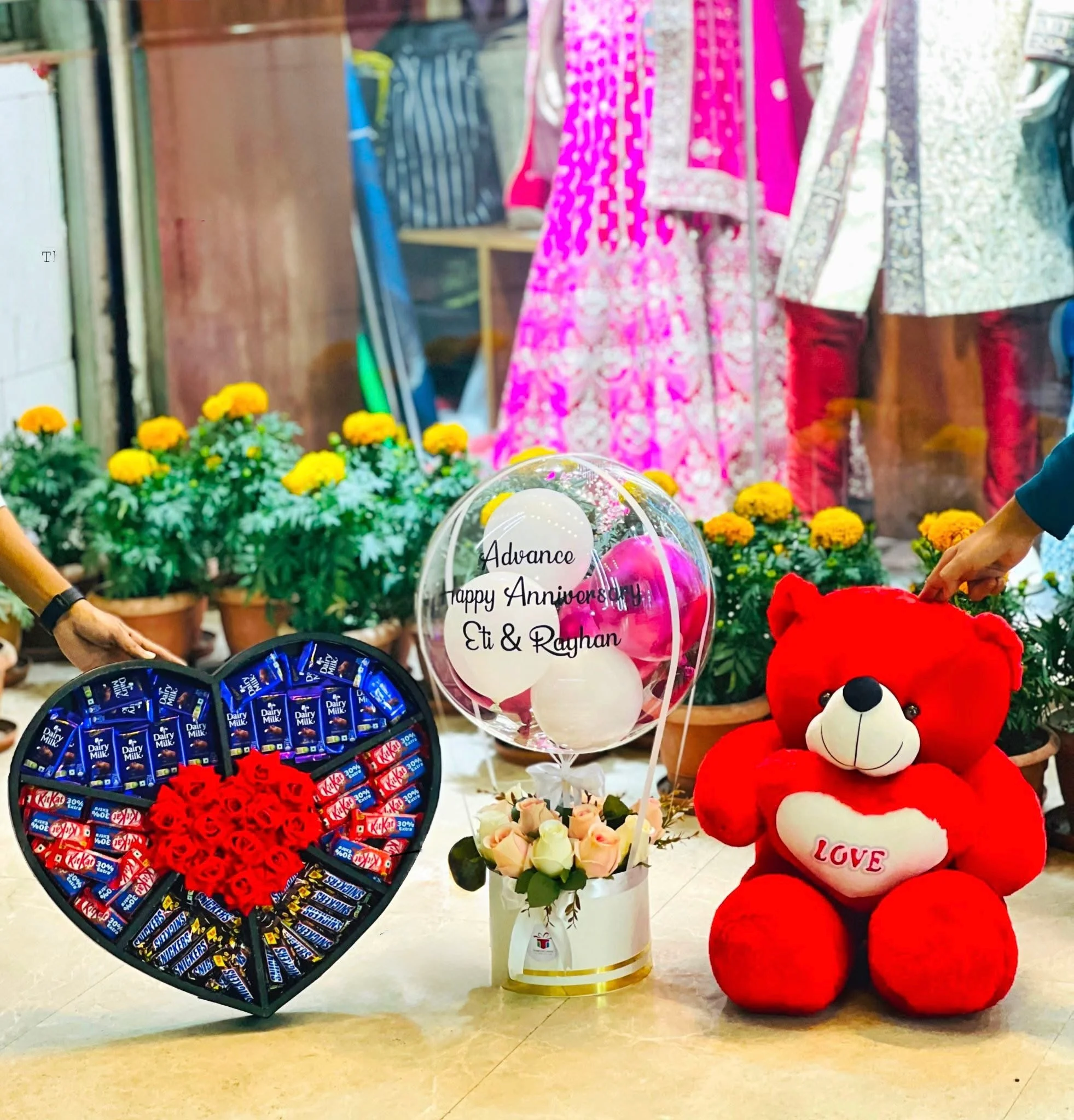 Heart-Shaped Chocolate & Flower Box with Balloon & Teddy